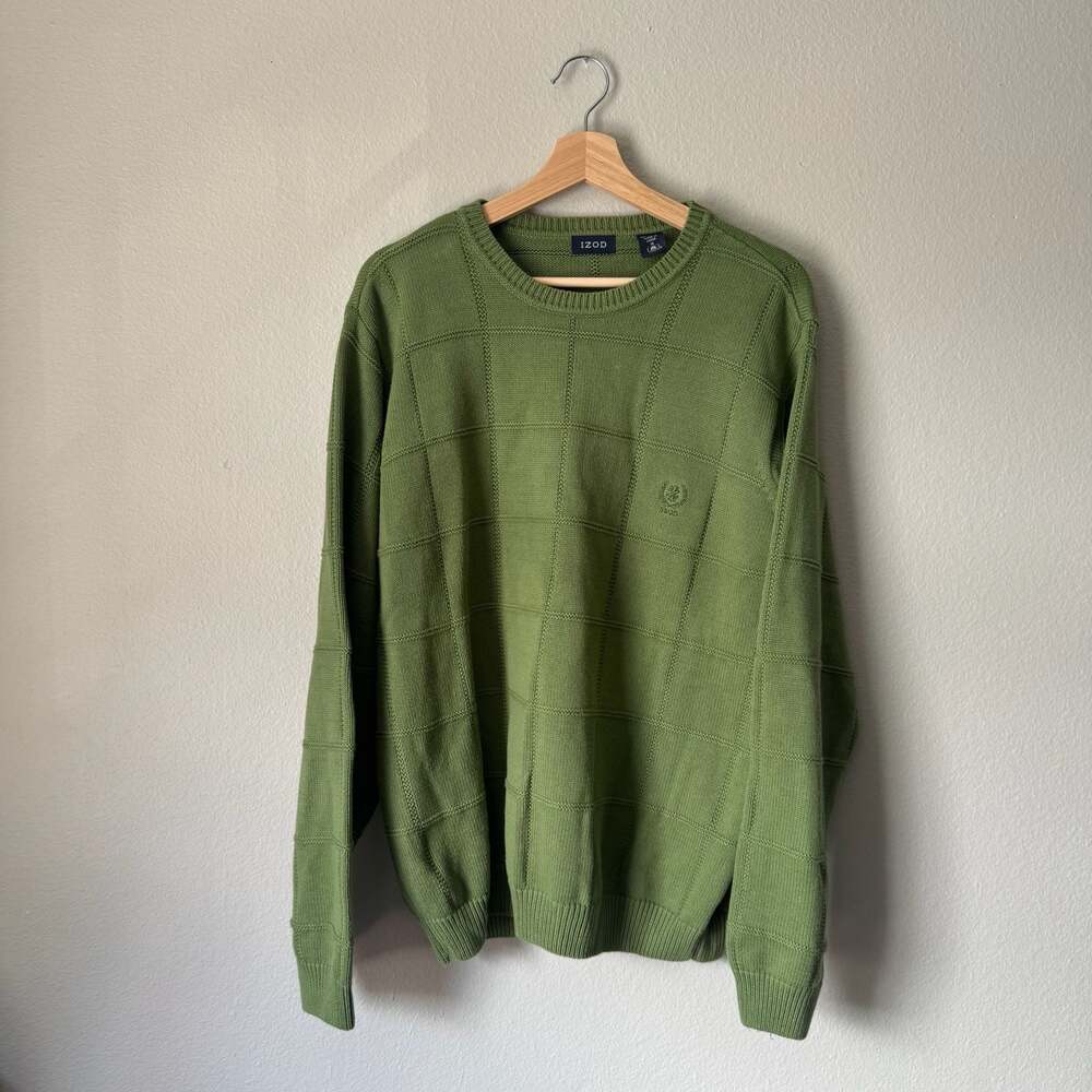 IZOD Green Windowpane Knit Crewneck Sweater Medium 100% Cotton